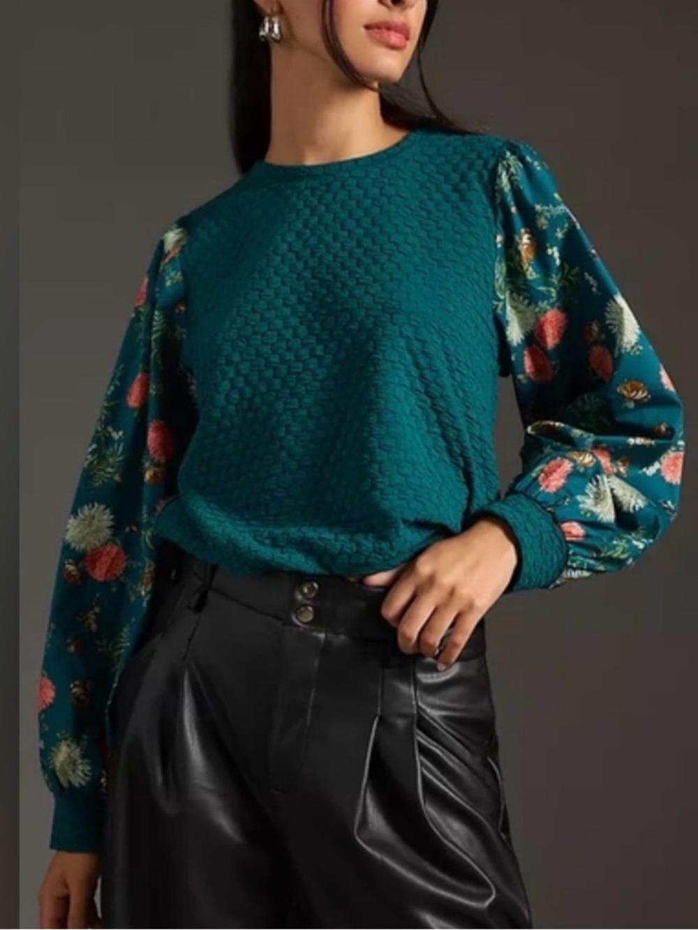 Porridge Teal Floral-Sleeve mixed media textured top, M